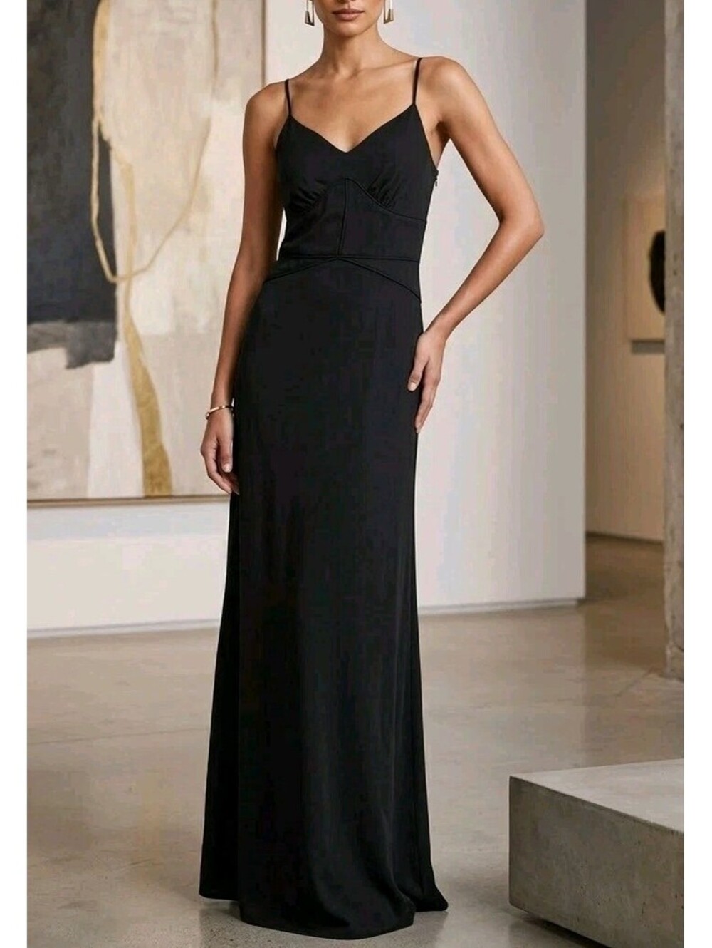 Banana Republic Dress Womens 10 Black V Neck Slip Maxi Spaghetti Strap Lined